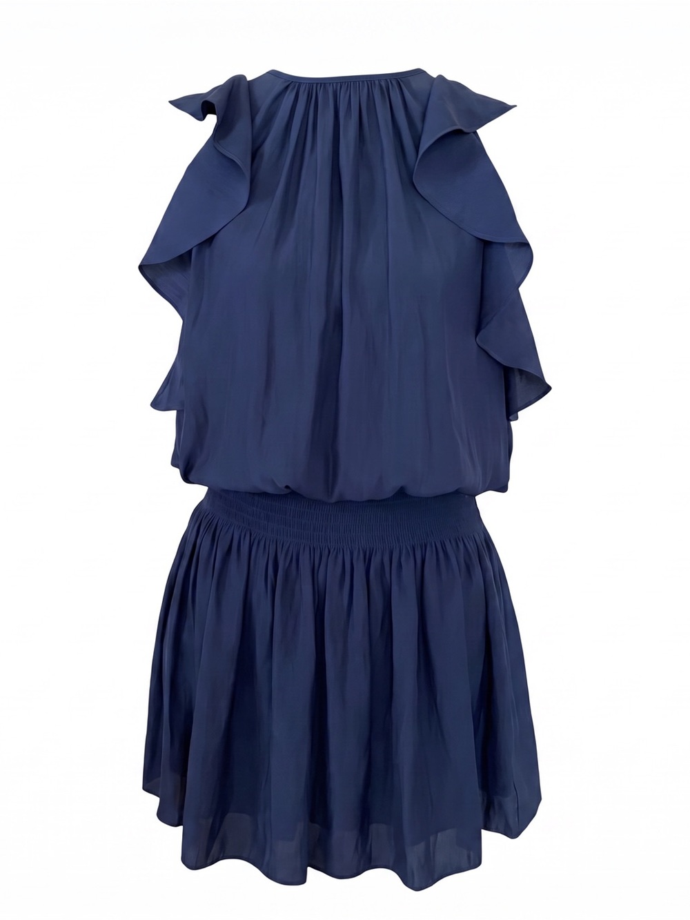 Ramy Brook Rembi Navy Ruffle Cold-Shoulder Smoked Waist Mini Dress NWT $425 - Picture 7 of 10